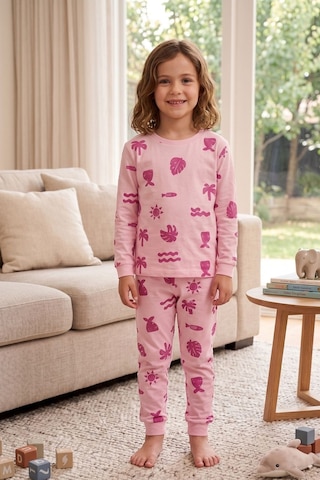 Zuzunga Deniz Temalı Pembe Renk %100 Pamuk Kız Çocuk Pijama Takımı Pudra
