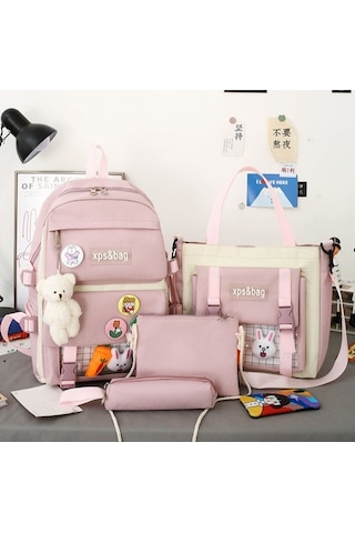 Worryfreeshopping Hcx Açık Pembe Büyük Kapasiteli 4 Parçalı Set Sevimli Öğrenci Oku Pembe