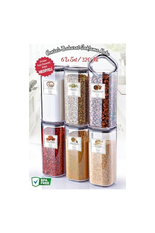 Nandy Home 6 Adet 320ml. Kare Contalı Etiketli Baharat Saklama Kabı Şeffaf