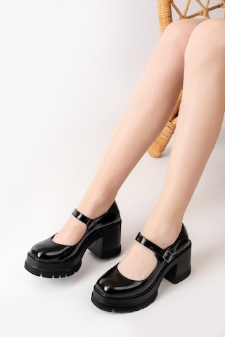 Asmi Shoes Tek Baletli Neon 8 Cm Topuklu Platformlu Loafer Ayakkabı Siyah Rugan Siyah