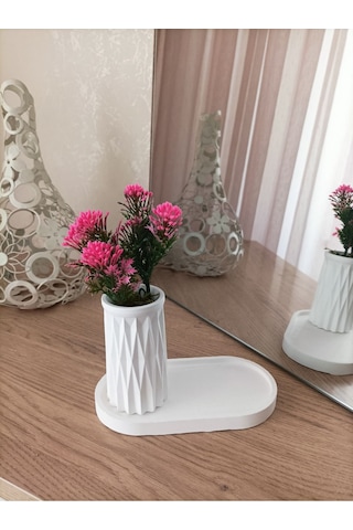 Mini Desenli Beton Saksı Tekli Ve Oval Tabak - Yapay Çiçek Hediyeli - Pembe