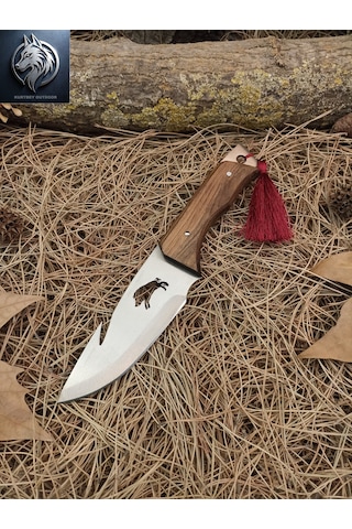 Kurtbey Outdoor Domuz Avcı İşlemeli Özel Üretim Ceviz Kabze Kılıflı Kamp Bıçağı 28 Cm Outdoor Tracking Knife Kahverengi