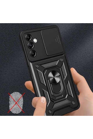 Samsung Uyumlu Galaxy A14 Kılıf Magnetik Standlı Kamera Korumalı Zore Sürgülü Vega Kapak Siyah
