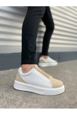 Mevese Torino Erkek Bağcıksız Cilt Günlük Sneaker Ayakkabı Ortopedik Kalın Taban Bej