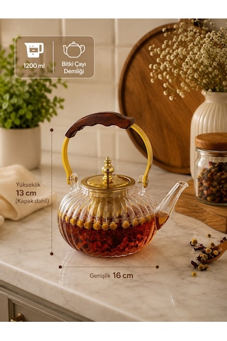 Morponi Ateşe Dayanıklı Borosilikat Cam Demlik - Ahşap Saplı Çizgili Bitki Çayı Demliği 1200 Ml Dr Şeffaf