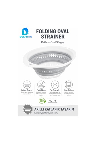 Katlanır Oval Süzgeç Mutfak Pratik Kullanım Gereci Beyaz - Gri