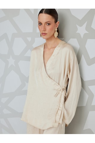 Koton Uzun Kollu Kruvaze Saten Kimono Ceket Bej 5sak50062uw Ekru