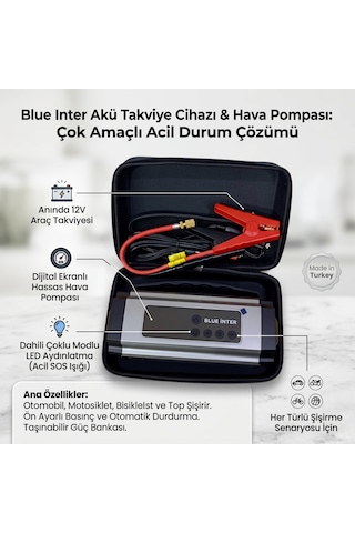 Blue İnter Akü Takviye Cihazı & Akıllı Hava Pompası Çok Fonksiyonlu Taşınabilir Güç Bankası