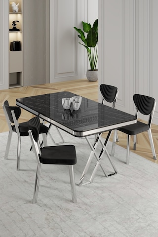 Raja Serisi 80x130 Lak Panel Beyaz Mermer Desen Masa Takımı Krom Ayaklı 4 Sandalye Beyaz Mermer Masa Siyah Sandalye