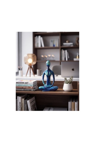 Dekoratif Yogacı Heykeli Mavi 23x14 Cm Meditasyon Yoga Figürü, Modern Biblo Ve Masaüstü Dekor Objesi