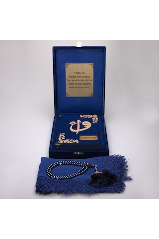Plaket Kutulu Kur'an-ı Kerim Seti - Mavi Mevlit Örtü Tespih