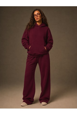 Macklin Unisex Kadın Erkek Baskısız Sweatshirt Oversize 3 İplik Kapüşonlu Hoodie Ve Baggy Eşofman Altı Bordo
