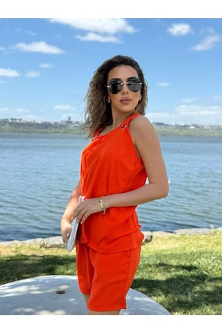 Modaserdem Kadın Kolsuz V Yaka Kuş Gözü Detay Bluz Short Aerobin Ikili Takım Turuncu