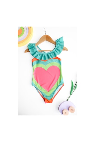 Lolliboomkids Kız Çocuk Renkli Kalpler Desen Neon Renkler Fırfır Yaka Detaylı Mayo Yeni Sezon Çok Renkli