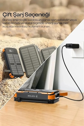 Kensa Güneş Enerjili Powerbank 20.000 Mah Hızlı Şarj Led Göstergeli Dahili Kablo Solar Şarj Cihazı Siyah - Turuncu