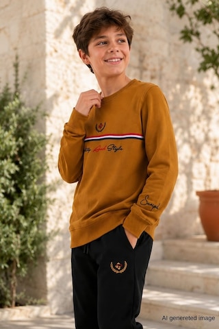 Pina Kids Erkek Çocuk İki İplik Şeritli Baskılı Beli Lastikli Eşofman Takımı Esf7030 Hardal - Siyah