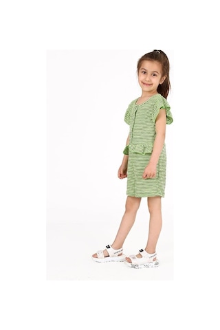 Luess Kız Çocuk Fırfır Detaylı Çıtçıtlı Renkli Çizgili Tulum-yeşil Yeşil