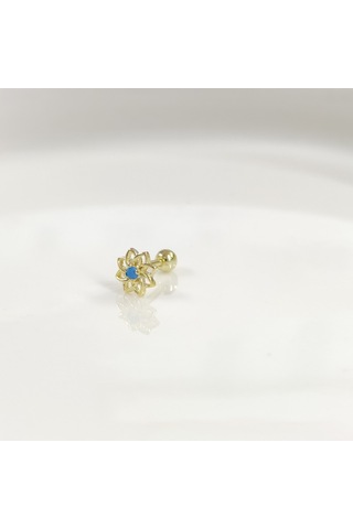 Mavi Taşlı Yıldız Çiçek Gümüş Tragus Pıercıng - Altın Sarı Beyaz