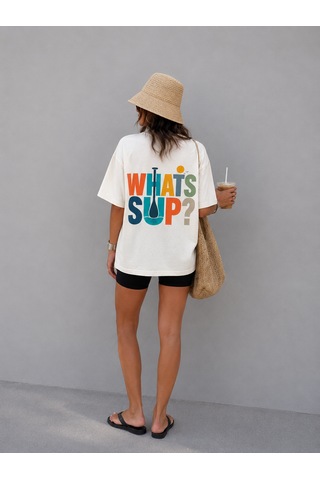 Montree Sup Whatsup Oversize Baskılı Pamuk Premium Tişört Beyaz