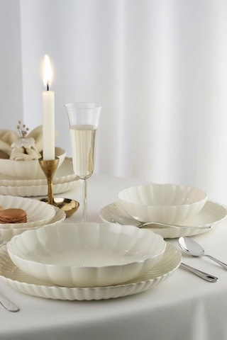 Kütahya Porselen Bone Luz Form 52 Parça 12 Kişilik Yemek Takımı Altın - Ekru