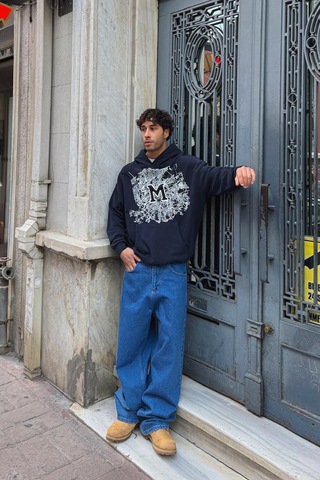 Flaw M Baskılı Hoodie-28588 Lacivert