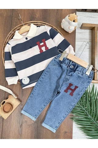 Şerit Çizgili Detaylı Likralı Polo Yaka Erkek Bebek Takım Lacivert