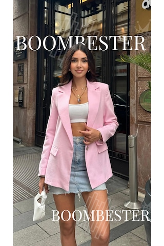 Boombester Kadın Flam Keten Astarlı Blazer Ceket Çizgili Astar Detay Rahat Kalıp İnce Ceket Pembe