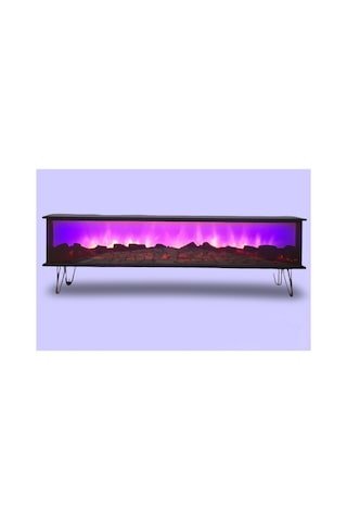 Tv Sehpası Full Şömineli Kumandalı Bluetooth Stereo Ses 6 Modlu Ünite 175 Cm Mdf Metal Ayak Siyah Ve Krom Siyah Ve Krom