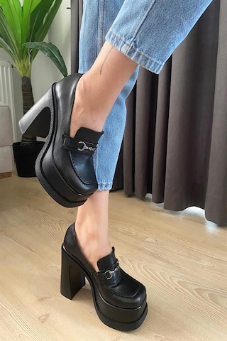 Kadın Siyah Deri İnce Tokalı Lofer Model 12 Cm Platform Topuklu Ayakkabı Siyah