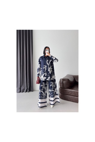 Wellway İthal Chokellaa Kumaş Çiçekli Tunik Gömlek & Pantolon 2li Takım-lacivert -26126 Lacivert