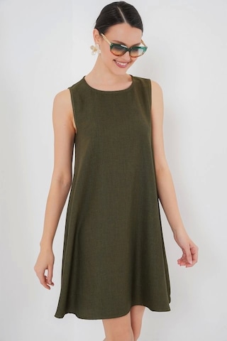 Defymoda 2444 Mini Keten Elbise - Haki Haki