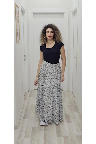 Bel Lastikli Kloş Şifon Etek 6003-beyaz/siyah Beyaz/siyah Beyaz - Siyah