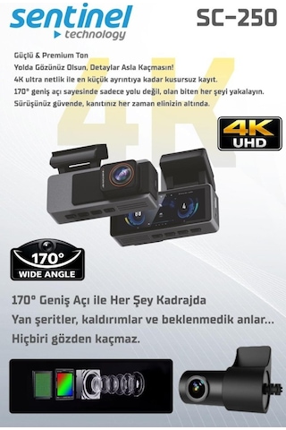 Sentinel Sc-250 4k Uhd Araç İçi Kamera Adas & Bsd, Wi-fi, Gps Opsiyonel, 170 Geniş Açı, 24 Saat Park Modu