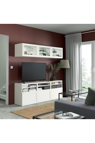 Tv Ünitesi, Beyaz-şeffaf Cam, 180x42x192 Cm, Hanvıken/sındvık, Çıt Çıt Raylı Beyaz