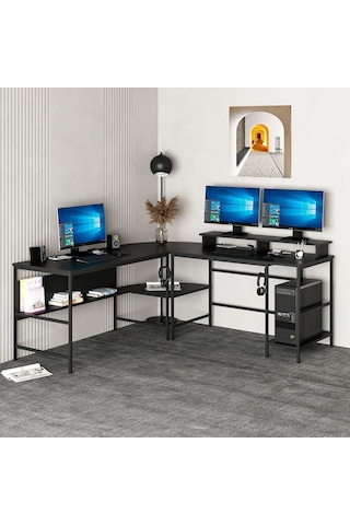 Minar Greta Rgb Led Işıklı L Köşe Çalışma Masası Siyah