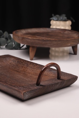 Bambum 2 Parça Pavlonya Elegant Ahşap Sunum Ve Servis Seti Kulplu Dikdörtgen Ve Yuvarlak Servis Tabakları Ahşap