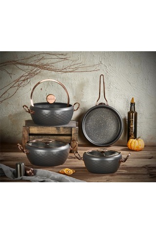 Sırena - 3540 -7 Parça, Bio Granit, Pfoa, Ptfe Free, Tencere, Tava Çeyiz Seti, Antrasit, Bakır Detay Antrasit - Bakır