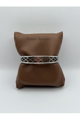 Arnes Jewelry Çelik Silver Zirkon Taşlı Kelepçe Bileklik Ar14 Silver
