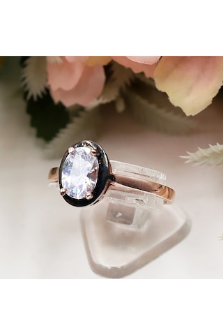 Rose Oval Zirkon Taşlı Tek Taş Set Rose Gold - Gümüş