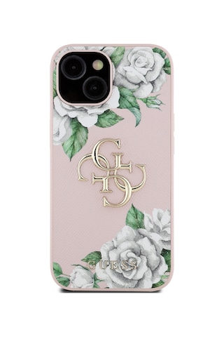 Apple Uyumlu iPhone 15 Kılıf Guess Lisanslı Gül Baskılı Büyük Metal Logo Dizaynlı Kapak Pembe