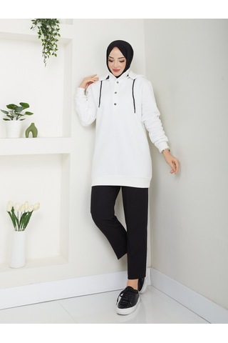 Raika Moda Kapşonlu 3 İplik Büyük Beden Tesettür Sweatshirt Ekru