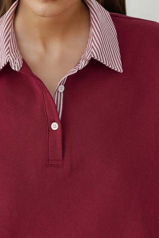 Hiccup Dokuma Garni Detaylı Oversize Polo Yaka Sweatshirt Bordo Kırmızı