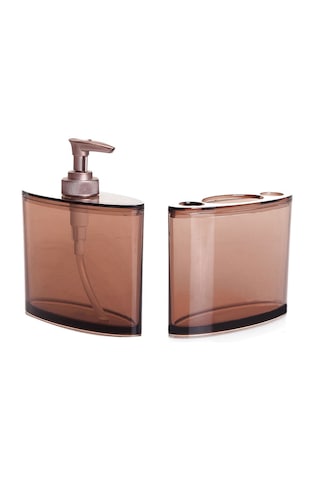 Oval Sivi Sabunluk Diş Fırçalik 2 Li Banyo Seti Kahverengi Akrili Kahve