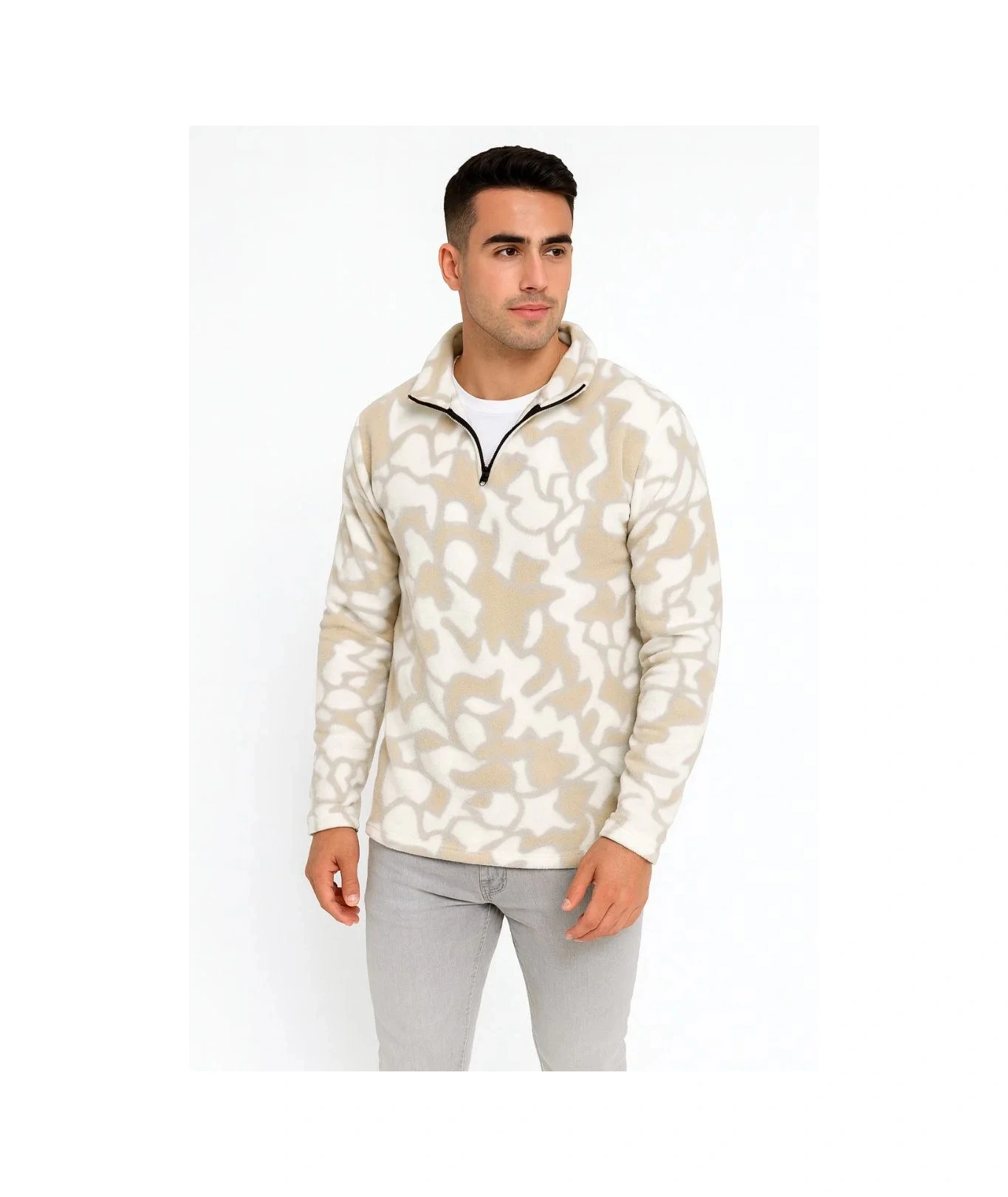 Erkek Yarım Fermuarlı Desenli Polar Sweat Yakalı, Uzun Kollu, Oversize Rahat Kalıp - Bej Bej