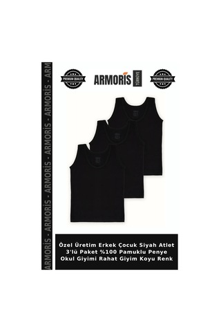 Armoris Özel Üretim Erkek Çocuk Siyah Atlet 3'lü Paket %100 Pamuklu Penye Okul Giyimi Rahat Giyim Koyu Renk