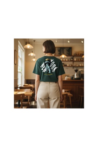 Urbantrendstore Unisex Özgürlük Heykeli Oversize Fit Rahat Geniş Salaş T-shirt Günlük Tişört Yeşil