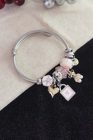 Caisya Pembe Kalpli Gold Ayıcık Charmlı Modeli Çelik Bileklik Silver