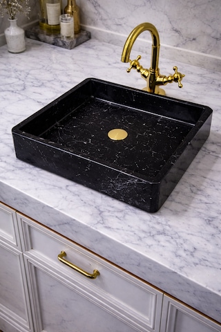 Mermer Desenli Tezgah Üstü Kare Model Taş Lavabo 45 X 45 Cm Siyah