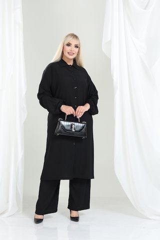 Bürümcük Gömlek Yaka Tunik Takım Düğmeli Tesettüre Uygun 2xl 6xl Siyah