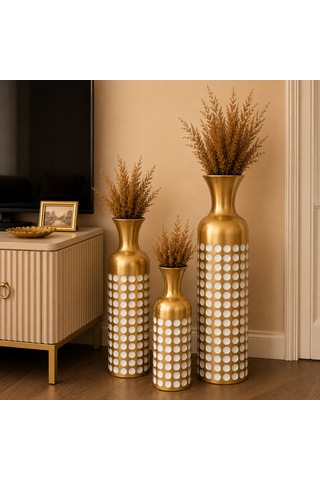 Seramik Görünümlü Metal Dekoratif Yer Vazosu Gold Beyaz Puantiyeli Modern Salon Vazosu Beyaz - Gold